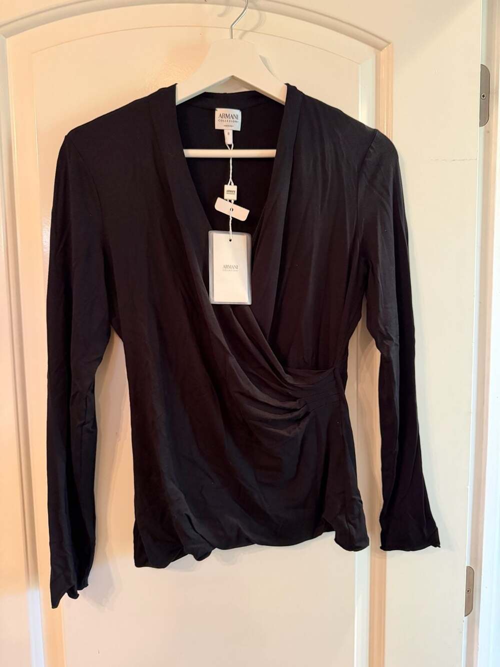 NWT Armani Collezioni Wrap Blouse Size 8 Black Long Sleeve